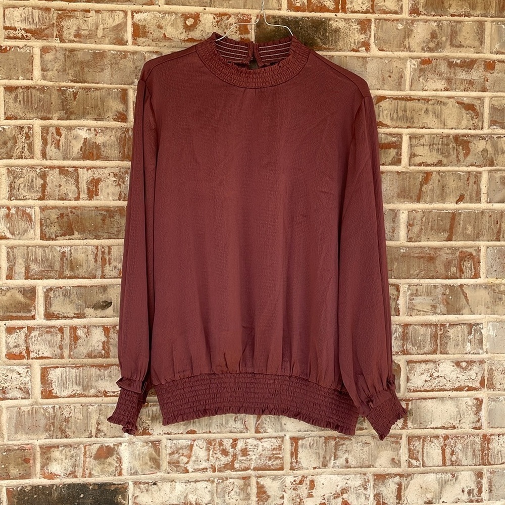 Oddy Deep Mauve High Neck Long Sleeved‎ Shirred Blouse